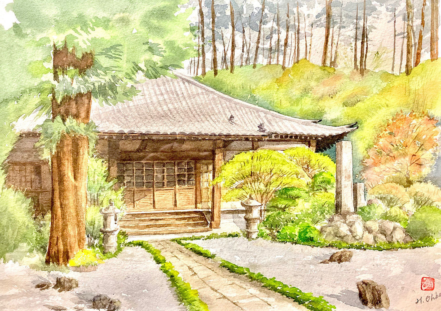 静岡県伊豆の国市の龍源寺の本堂の描写