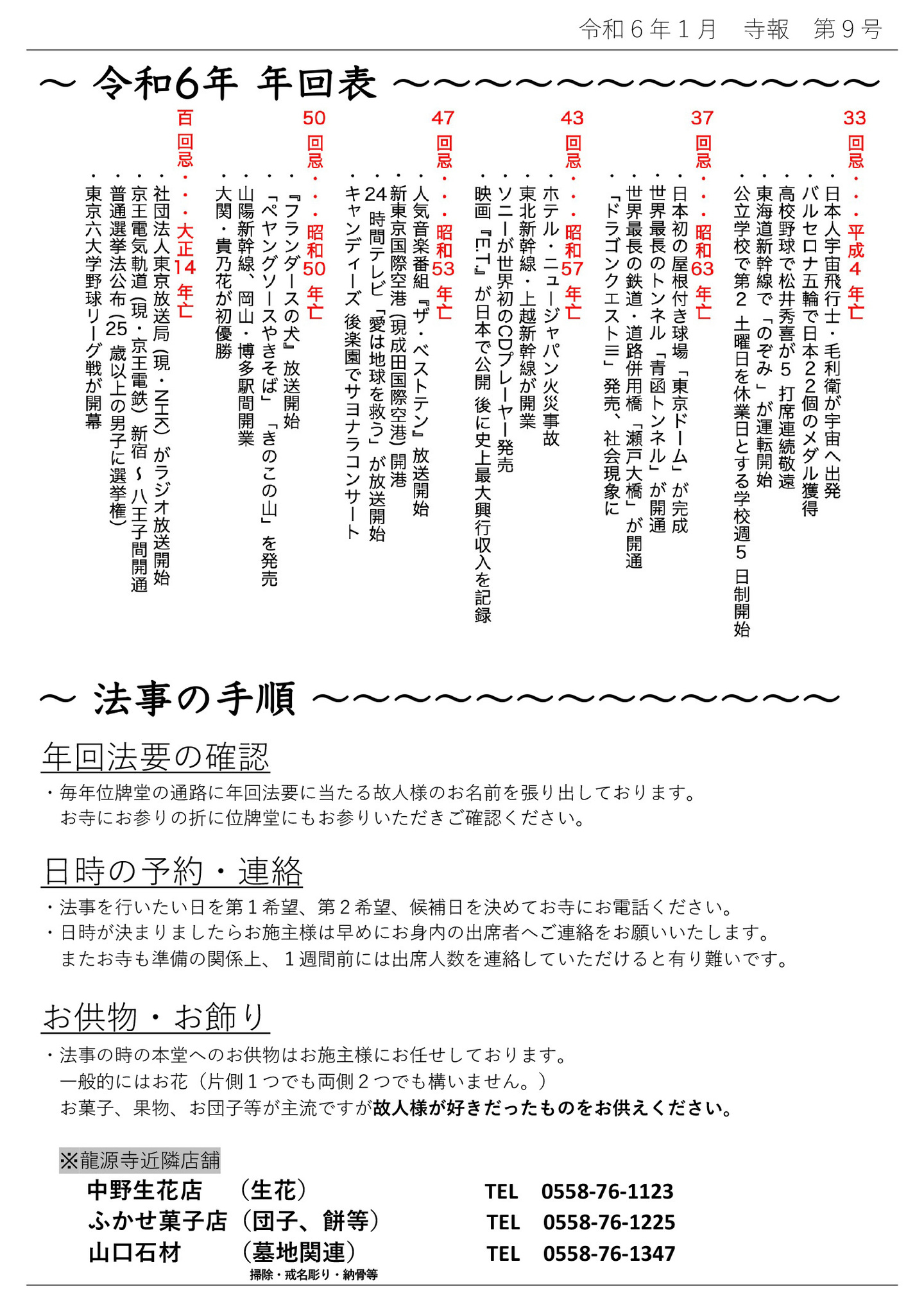 令和６年 年回表 33回忌…平成4年亡 ・日本人宇宙飛行士・毛利衛が宇宙へ出発 ・バルセロナ五輪で日本２２個のメダル獲得 ・高校野球で松井秀喜が５打席連続敬遠 ・東海道新幹線で「のぞみ」が運転開始 ・公立学校で第２土曜日を休業日とする学校週５日制開始 37回忌…昭和63年亡 ・日本初の屋根付き球場「東京ドーム」が完成 ・世界最長のトンネル「青函トンネル」が開通 ・世界最長の鉄道・道路併用橋「瀬戸大橋」が開通 ・「ドラゴンクエストⅢ」発売、社会現象に 43回忌…昭和57年亡 ・ホテルニュージャパン火災事故 ・東北新幹線、上越新幹線が開業 ・ソニーが世界初のCDプレーヤー発売 ・映画「E.T.」が日本で公開、のちに史上最大興行収入を記録 47回忌…昭和53年亡 ・人気音楽番組「ザ・ベストテン」放送開始 ・新東京国際空港(現成田国際空港)開港 ・24時間テレビ「愛は地球を救う」が放送開始 ・キャンディーズ後楽園でサヨナラコンサート 50回忌…昭和50年亡 ・「フランダースの犬」放送開始 ・「ペヤングソースやきそば」「きのこの山」を発売 ・山陽新幹線、岡山博多駅間開業 ・大関貴乃花が初優勝 百回忌…大正14年亡 ・社団法人東京放送局（現NHK）がラジオ放送開始 ・京王電気軌道（現京王電鉄）新宿八王子間開通 ・普通選挙法公布（25歳以上の男子に選挙権） ・東京六大学野球リーグ戦が開幕 法事の手順 年回法要の確認 ・毎年位牌堂の通路に年回法要に当たる故人様のお名前を張り出しております。 お寺にお参りの折に位牌堂にもお参りいただきご確認ください。 日時の予約・連絡 ・法事を行いたい日を第1希望、第2希望、候補日を決めてお寺にお電話ください。 ・日時が決まりましたらお施主様は早めにお身内の出席者へご連絡をお願いいたします。 またお寺も準備の関係上、1週間前には出席人数を連絡していただけると有り難いです。 お供物・お飾り ・法事の時の本堂へのお供物はお施主様にお任せしております。 一般的にはお花(片側1つでも両側2つでも構いません。) お菓子、果物、お団子等が主流ですが故人様が好きだったものをお供えください。 ※龍源寺近隣店舗 中野生花店 (生花) TEL 0558-76-1123 ふかせ菓子店(団子、餅等) TEL 0558-76-1225 山口石材 (墓地関連・掃除・戒名彫り・納骨等) TEL 0558-76-1347