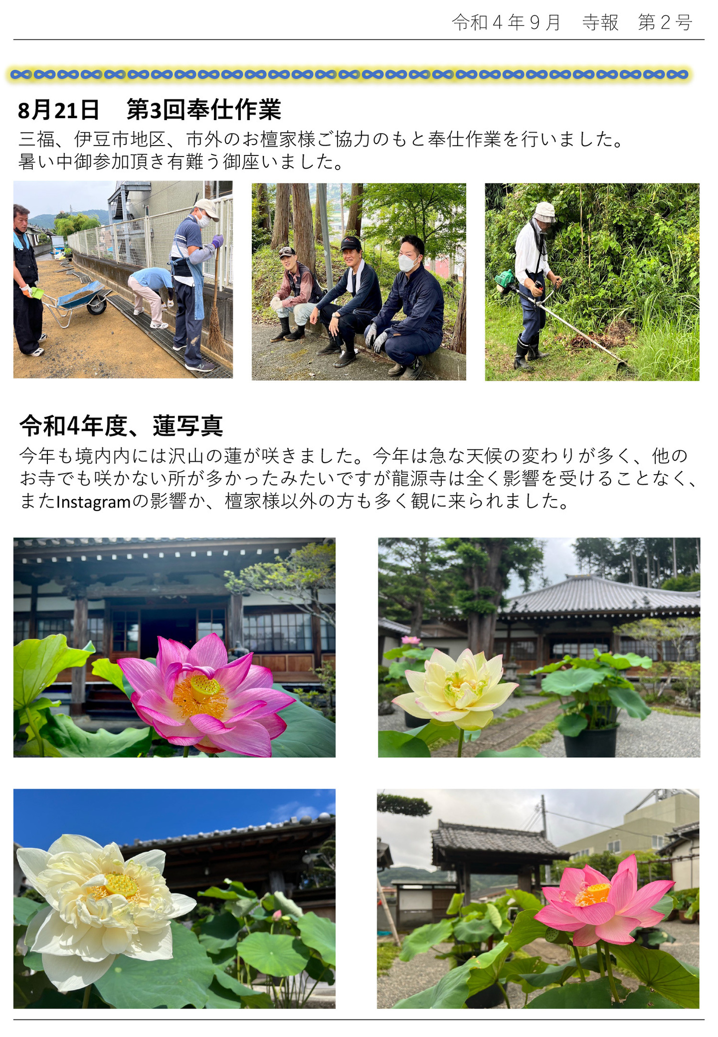 8月21日 第3回奉仕作業 三福、伊豆市地区、市外のお檀家様ご協力のもと奉仕作業を行いました。 暑い中御参加頂き有難う御座いました。 令和4年度、蓮写真 今年も境内内には沢山の蓮が咲きました。 今年は急な天候の変わりが多く、他のお寺でも咲かない所が多かったみたいですが龍源寺は全く影響を受けることなく、またInstagramの影響か、檀家様以外の方も多く観に来られました。